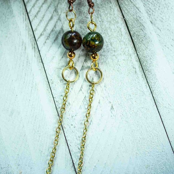 Emerald Green Agate Bead Dangle Earrings with Gold Chain - Picture 8 of 12